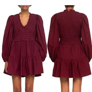 Sea NYC Gaia smocked Burgundy v neck mini dress